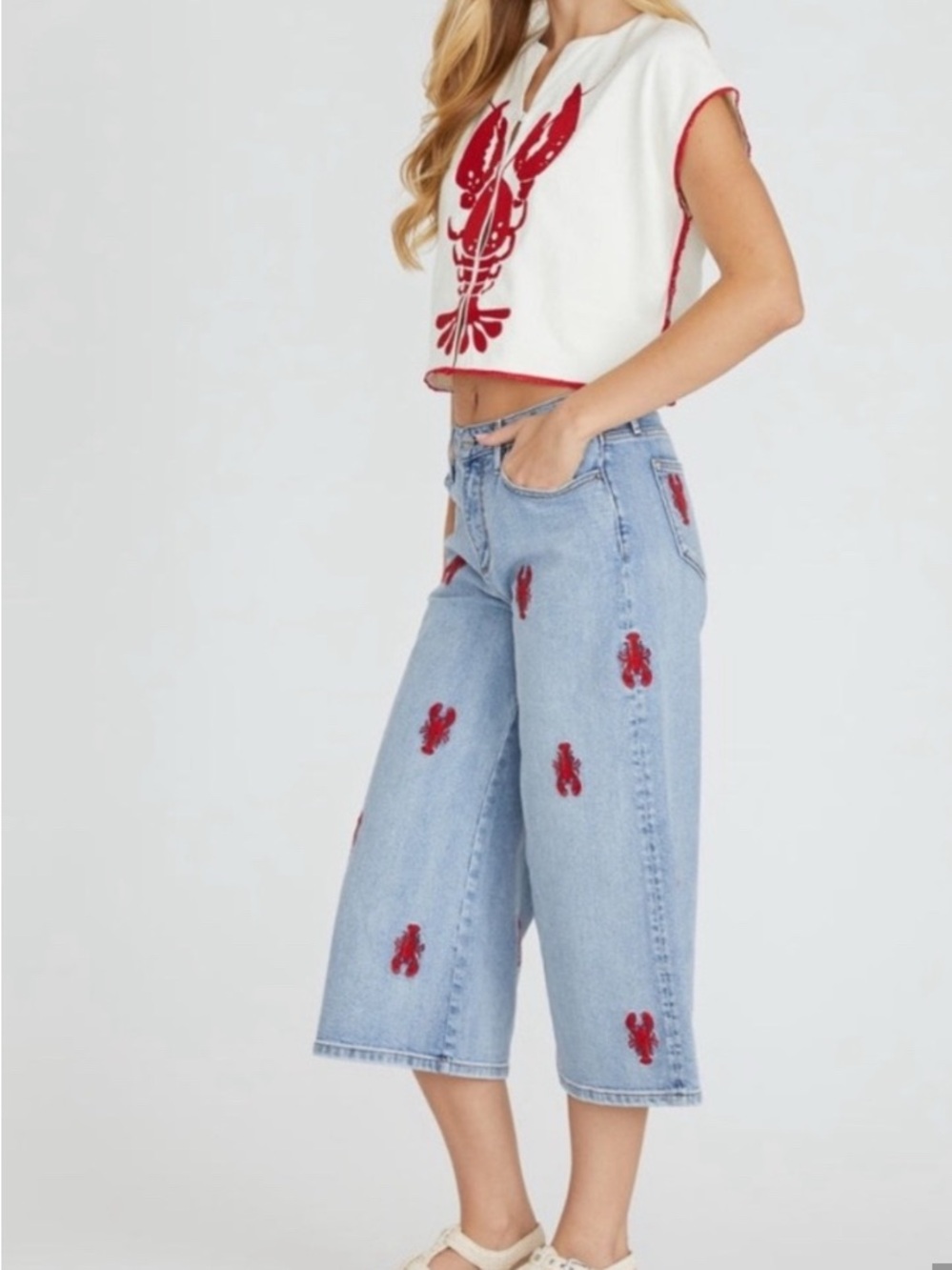DRIFTWOOD Light Blue Wide-Leg Jeans with Red Embroidered Lobsters - Picture 12 of 12